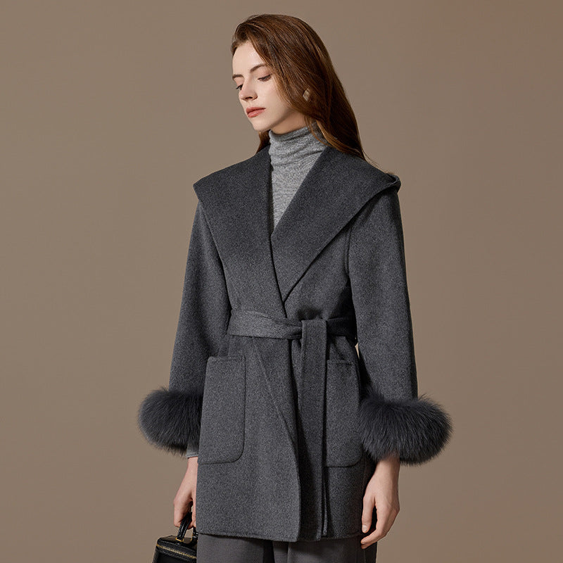 Cashmere coat women's short fox fur cuffs